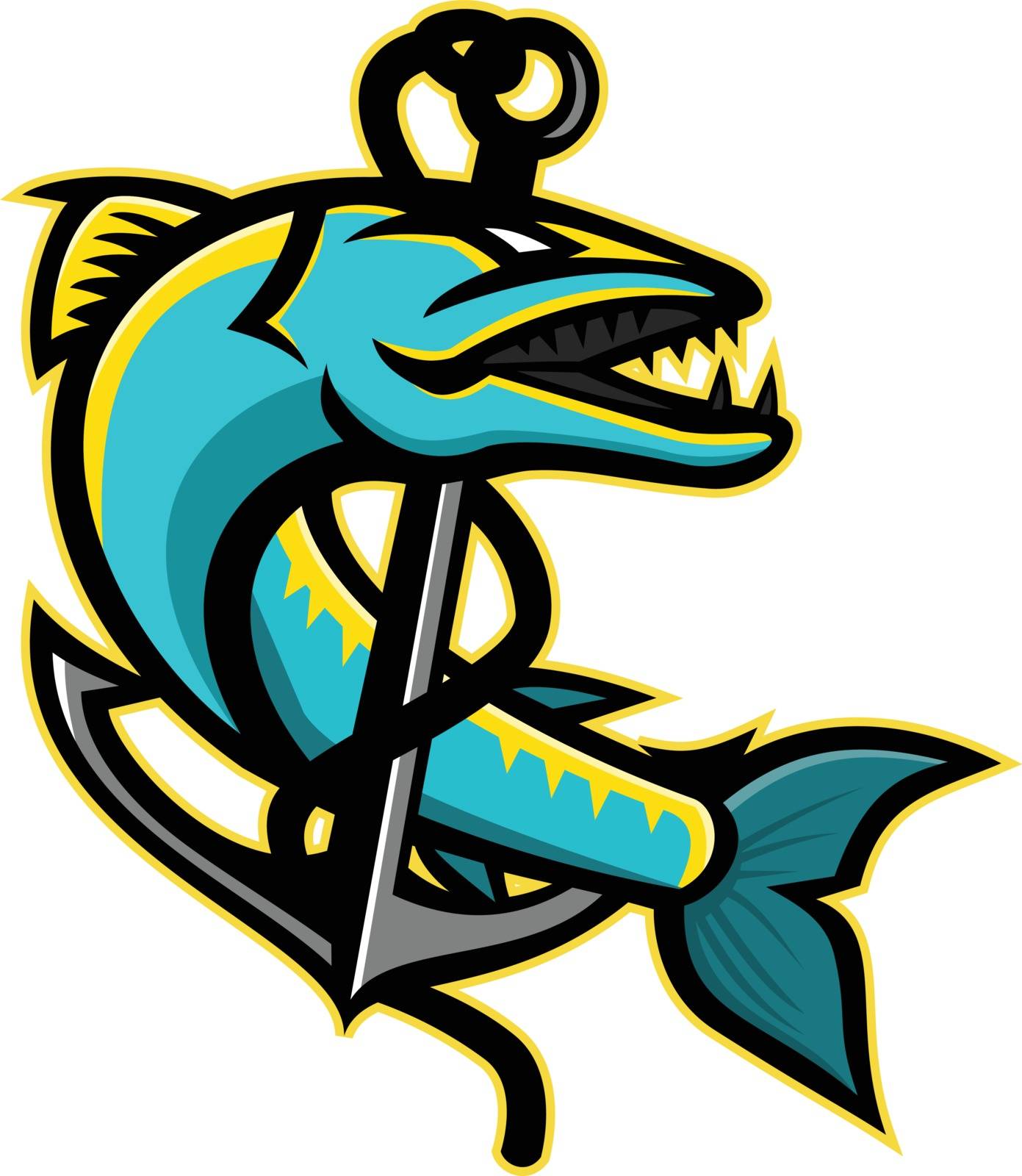 Mascot icon illustration of a great barracuda, a saltwater fish that is snake-like with fearsome appearance and ferocious behaviour, coiling up an anchor on isolated background in retro style.