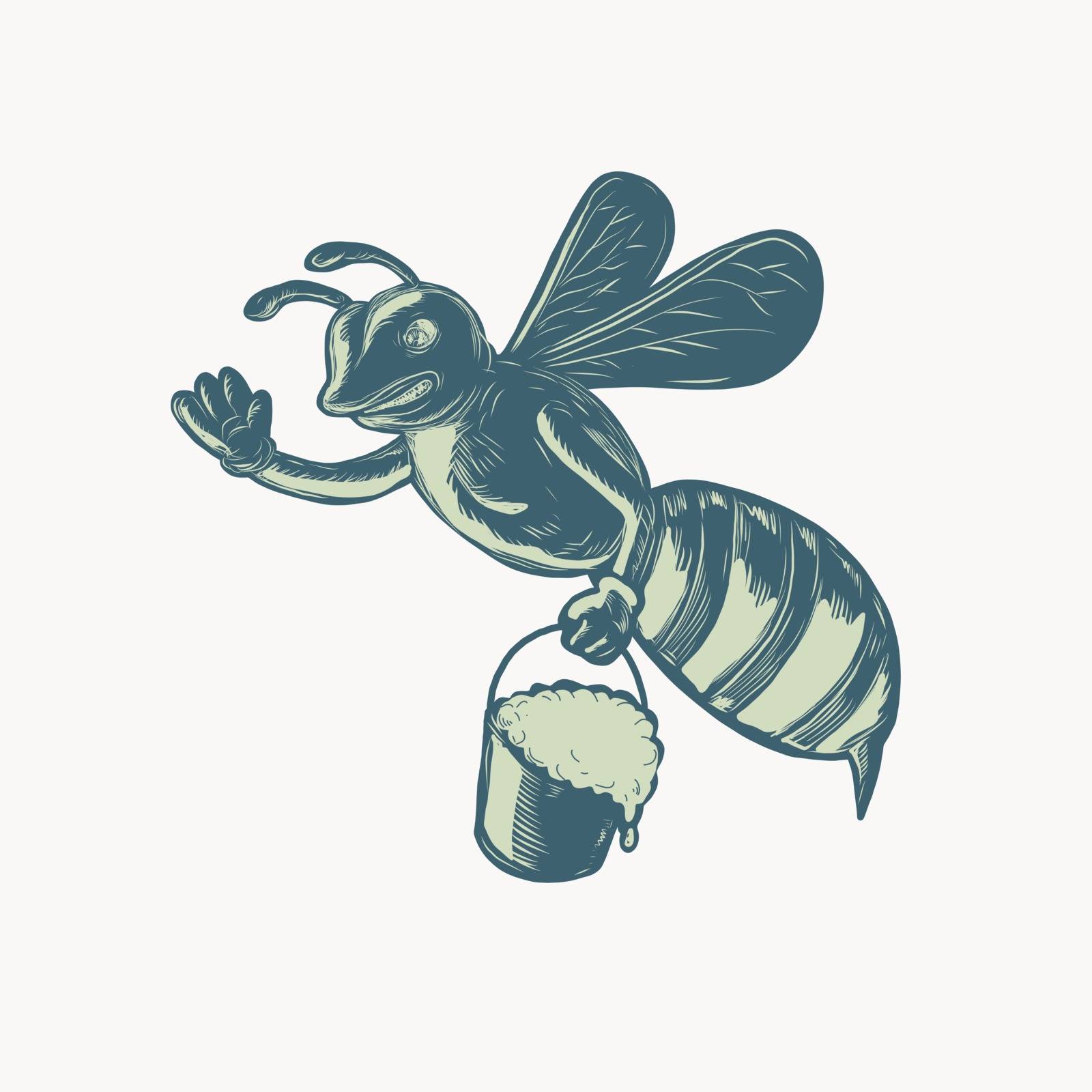 Scratchboard style illustration of a honey bee waving carrying a pail of dripping honey done on scraperboard on isolated background.