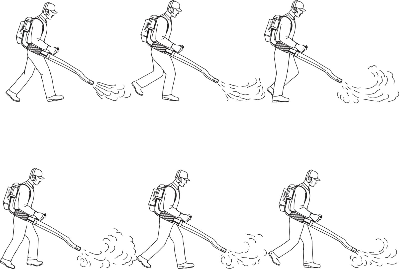 Drawing sketch style illustration of a  a gardener or groundsman with leaf blower or blower vac walking cycle sequence viewed from  side on isolated background.