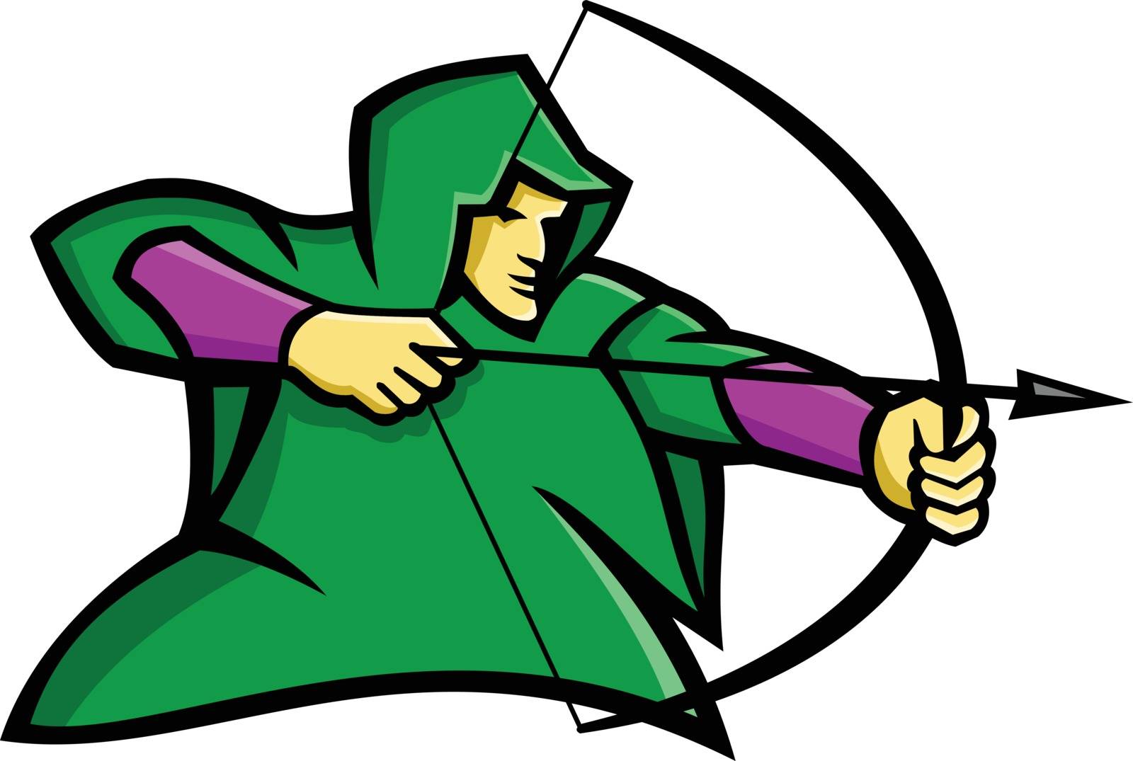Mascot icon illustration of a medieval archer like Robin Hood, shooting a bow and arrow wearing a green hood viewed from side on isolated background in retro style.