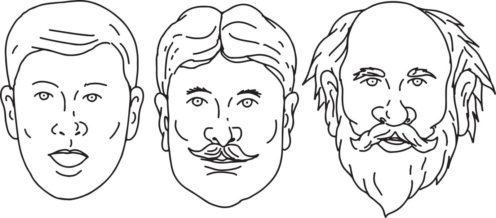 Drawing sketch style illustration of  head of a Caucasian male morphing from young to adult middle age to old senior on isolated white background.