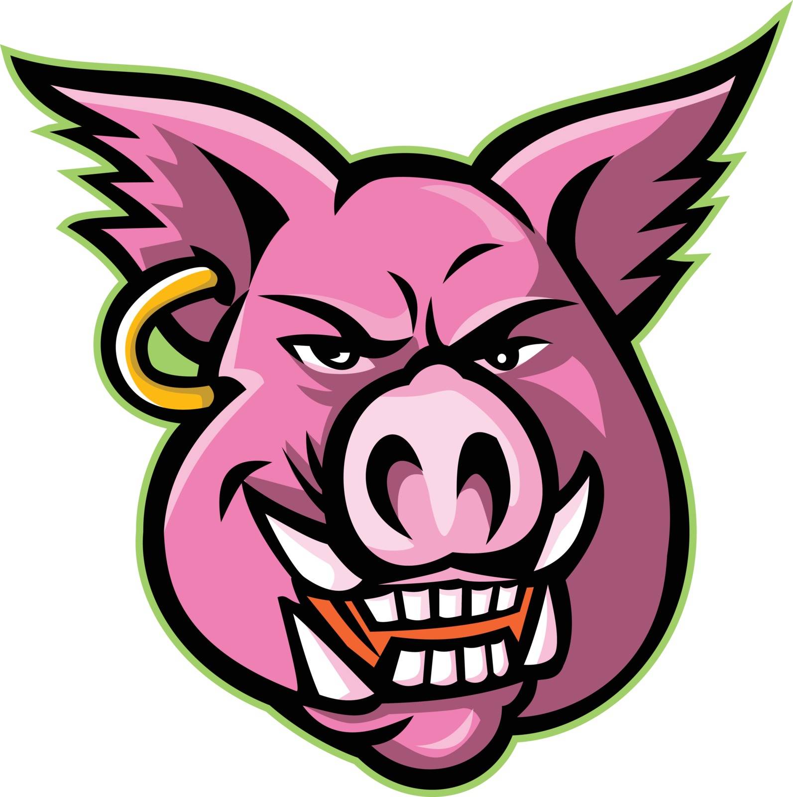 Mascot icon illustration of head of a pink wild pig, boar or hog wearing an earring  viewed from front on isolated background in retro style.