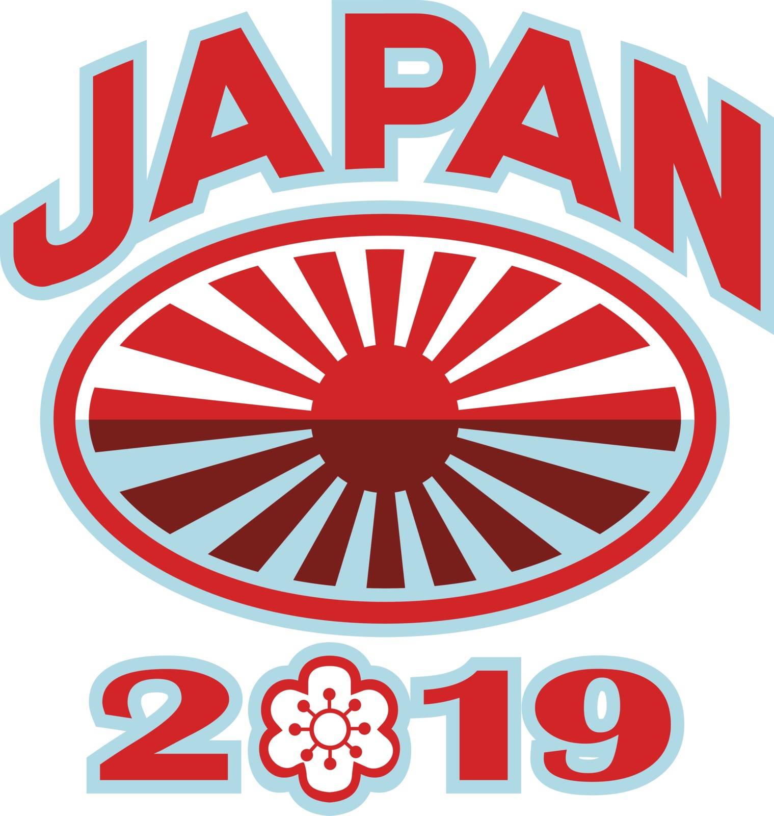 Retro style illustration of a rugby ball with Japanese flag rising sun set inside rugby ball with words Japan 2019 and sakura or cherry blossom flower in number zero on isolated background.