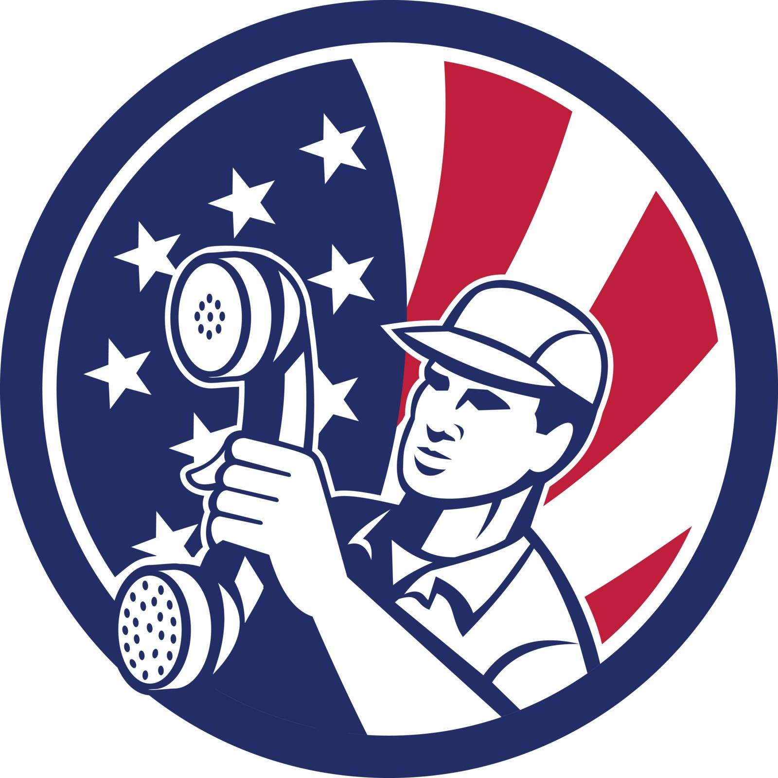 Icon retro style illustration of an American  telephone installation repair technician or  repairman holding phone  with United States of America USA star spangled banner inside circle.