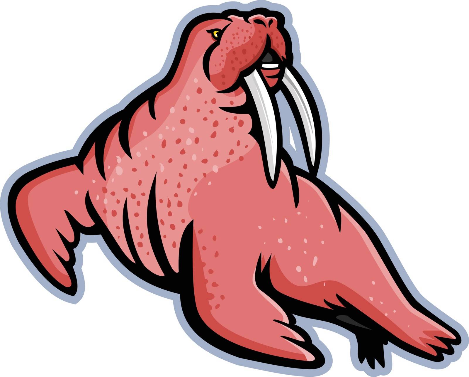 Mascot icon illustration of a male mustached and long-tusked Atlantic or Pacific walrus, a large flippered marine mammal  viewed from side on isolated background in retro style.
