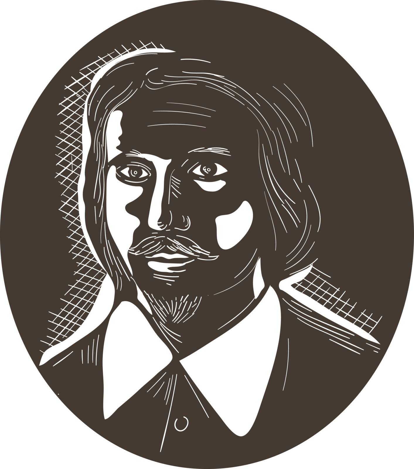 Illustration of a 16th century poet man viewed from front set inside oval shape done in retro woodcut style. 