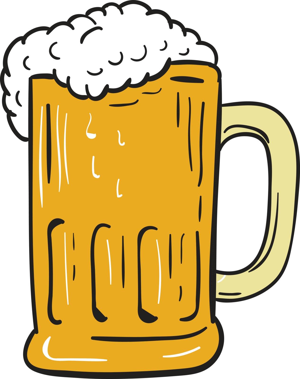 Drawing sketch style illustration of a beer mug with beer froth set on isolated white background. 