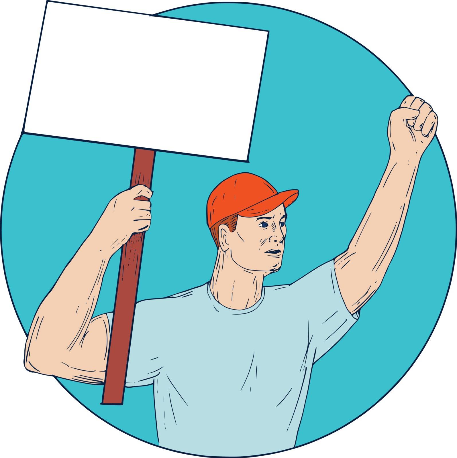 Drawing sketch style illustration of a unionl worker protester activist unionist  protesting striking with fist up holding up a placard sign looking to the side set inside circle on isolated background. 