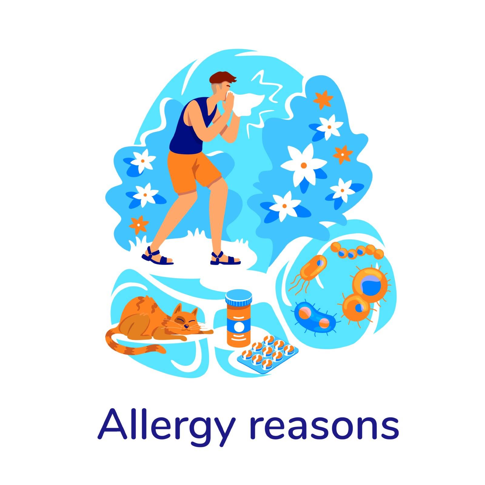 Respiratory problem flat concept vector illustration. Man unwell. Prescription for flu. Allergy reasons phrase. Man coughing 2D cartoon characters for web design. Healthcare treatment creative idea