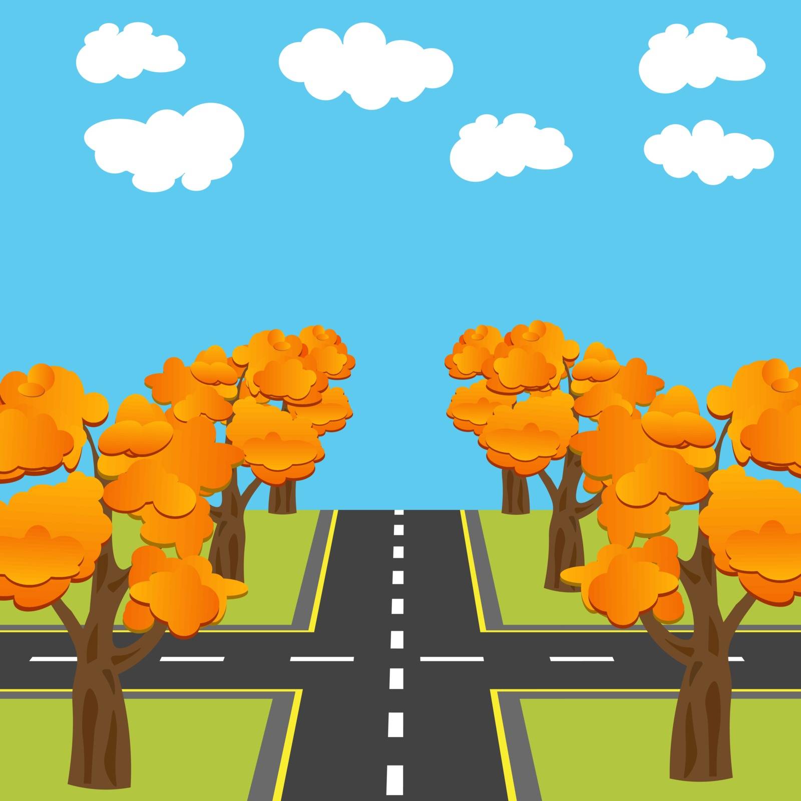Crossroads equivalent of roads in the future. Alley Autumn oaks. Vector illustration