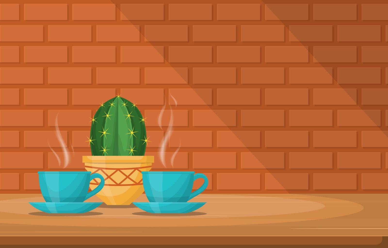 Cups of Hot Tea on Table with Cactus Plant Brick Wall Illustration