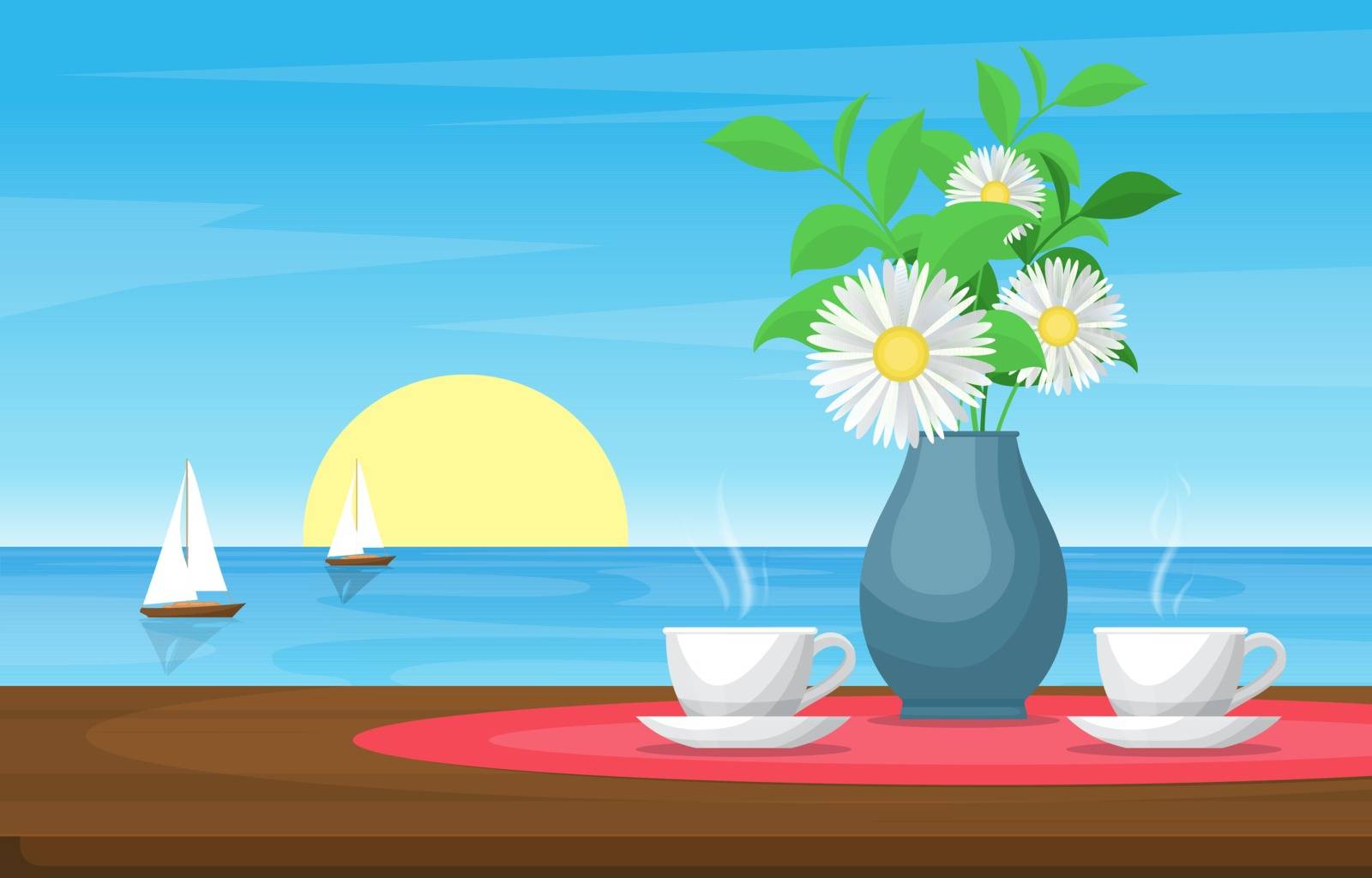 Cups of Tea on Table in Sea View Sunset Sailing Boat Illustration by jongcreative
