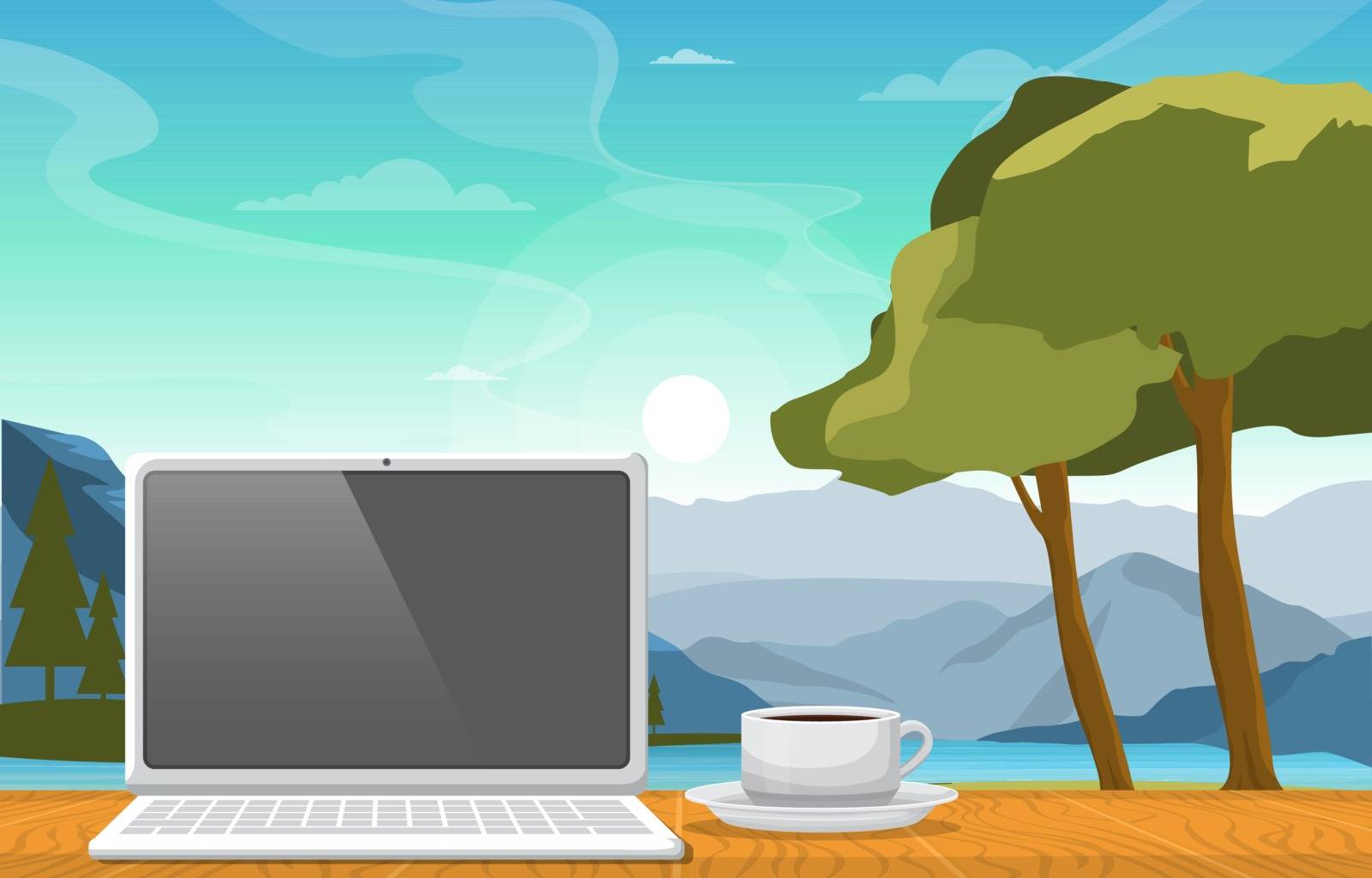 Working with a Cup of Tea on Table in Mountain Lake View Illustration
