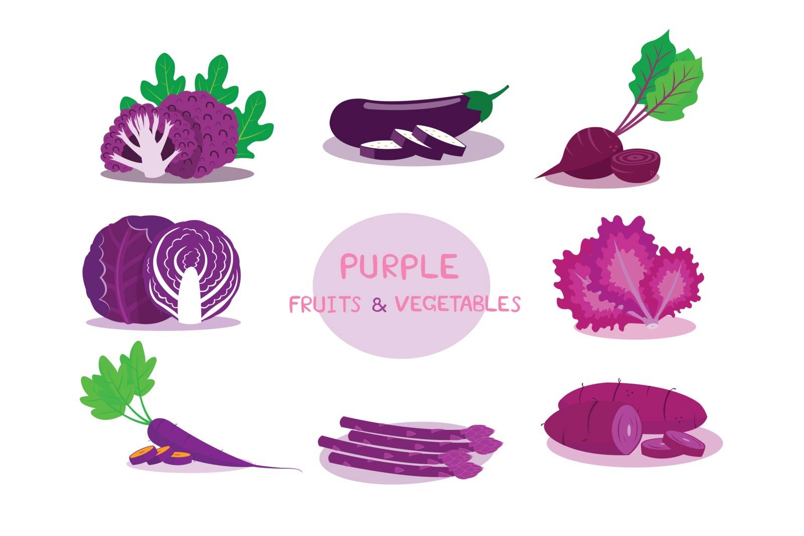 Purple fruits and vegetables isolated on white background.