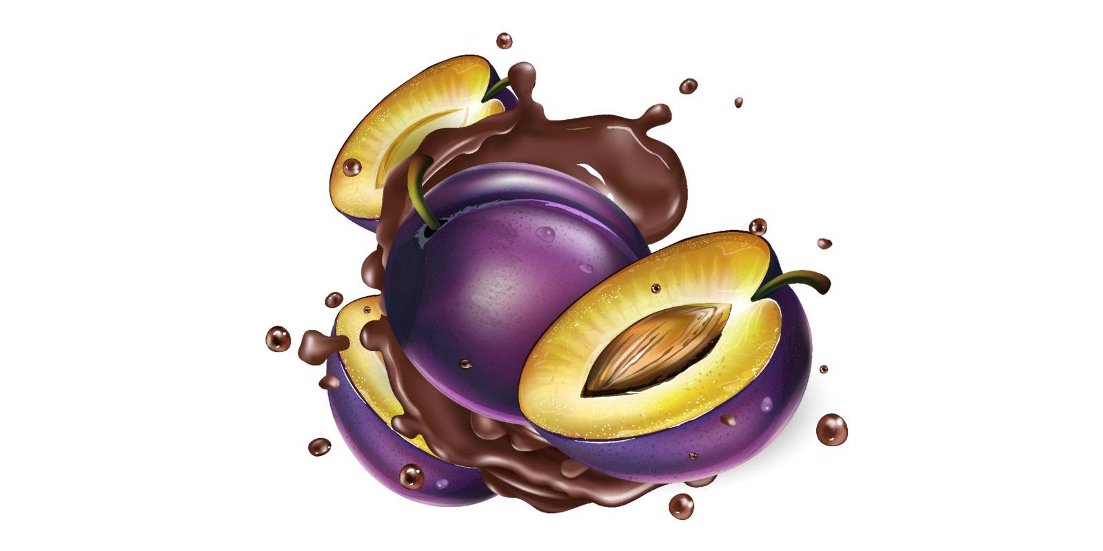 Whole and sliced plums in chocolate splashes on a white background. Realistic vector illustration.