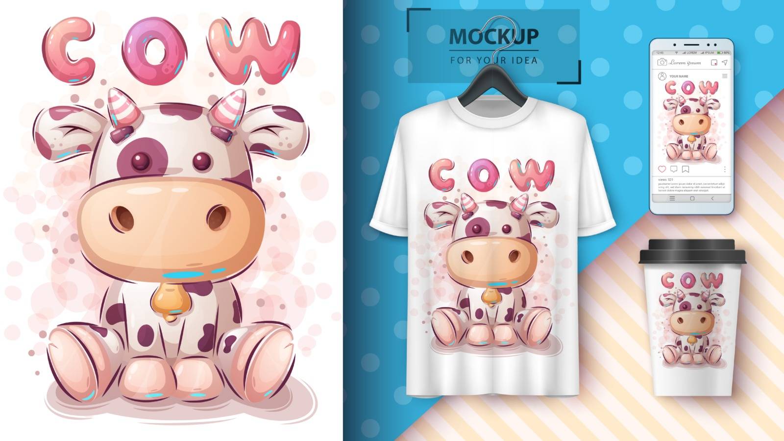 Pretty cow poster and merchandising. Vector eps 10