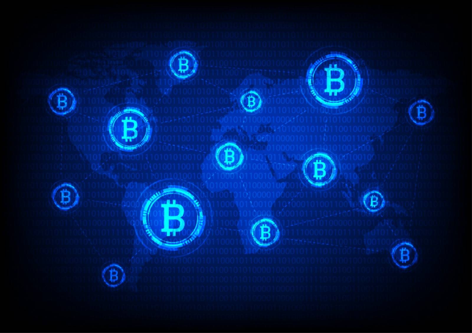 Global bitcoin crypto currency, blockchain Technology world map