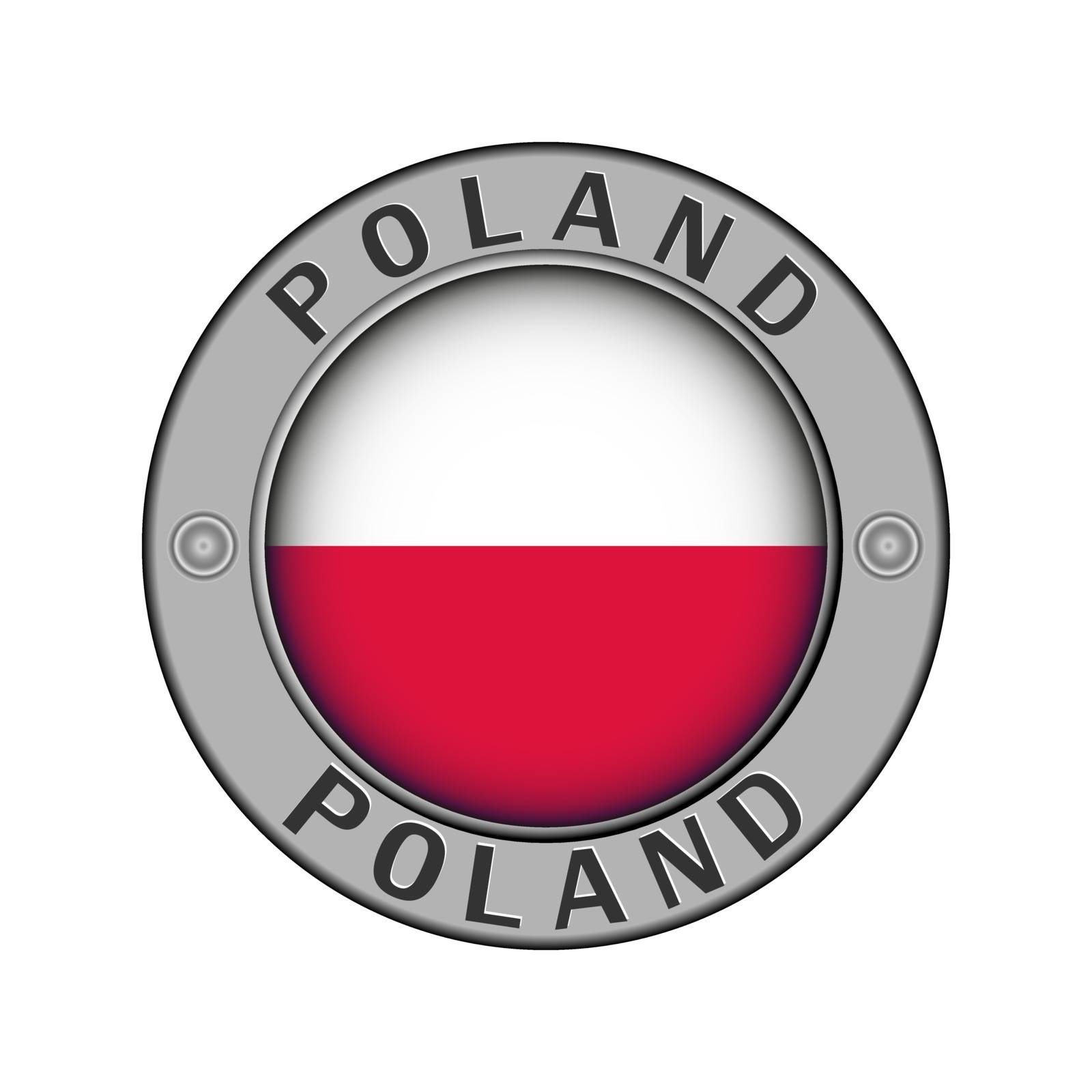 Round metal medallion with the name of the country of Poland and a round flag in the center
