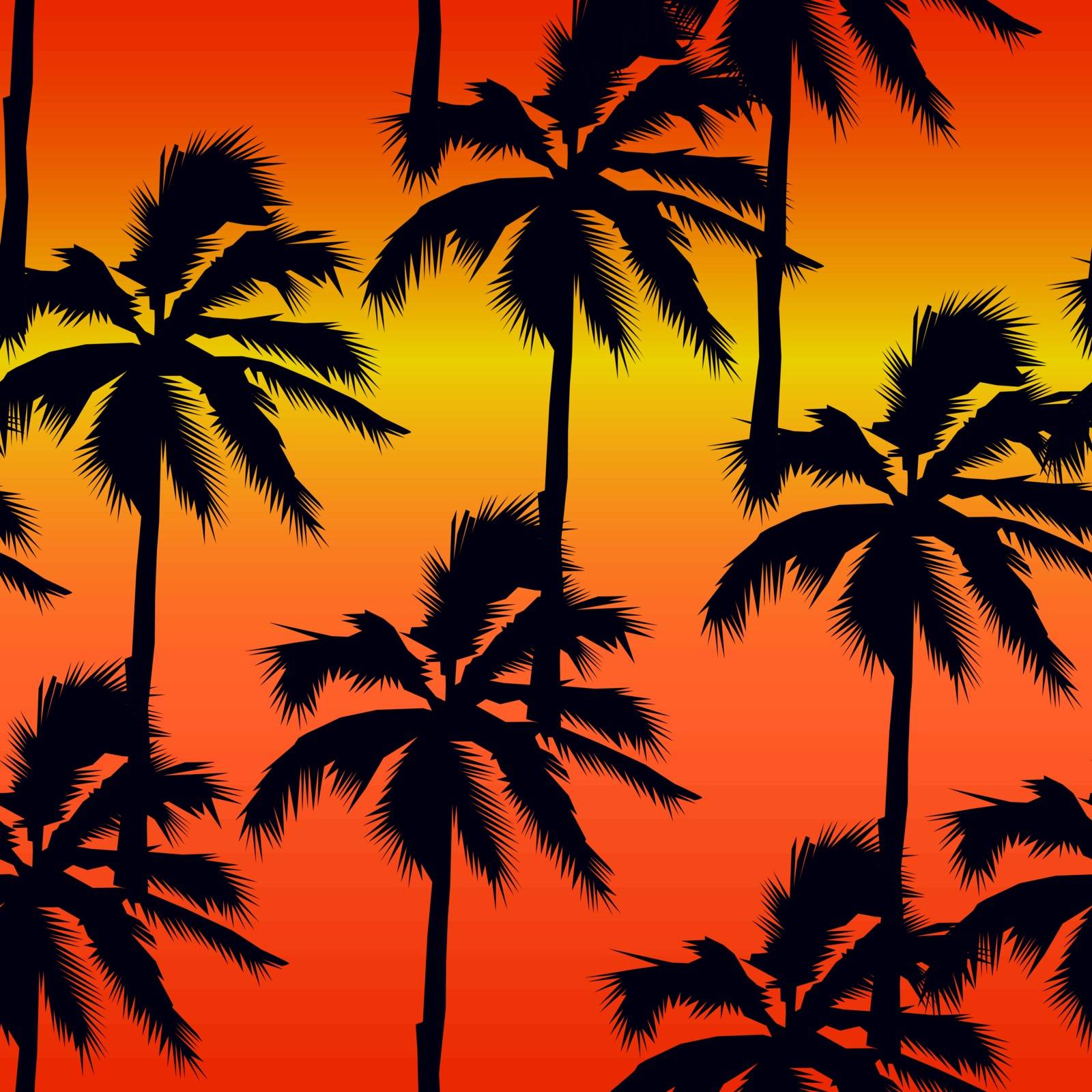 Vector illustration of a hand drawn palm . Seamless vector pattern with tropical trees on an orange background. by Alxyzt