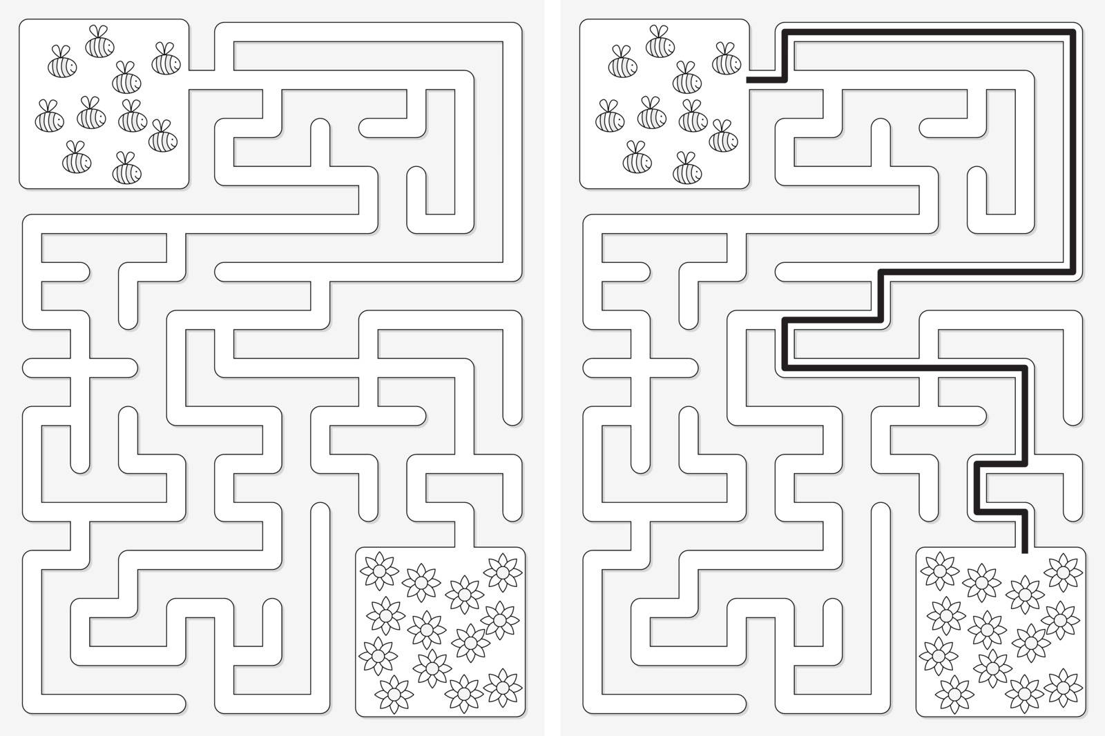 Easy little bees and flowers maze for kids with a solution iin black and white