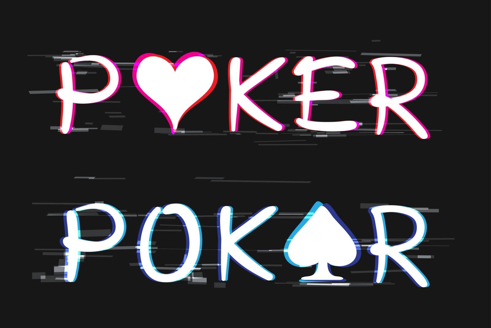 Glitch poker logo text on dark background. Playing casino poker sign symbol in black backdrop