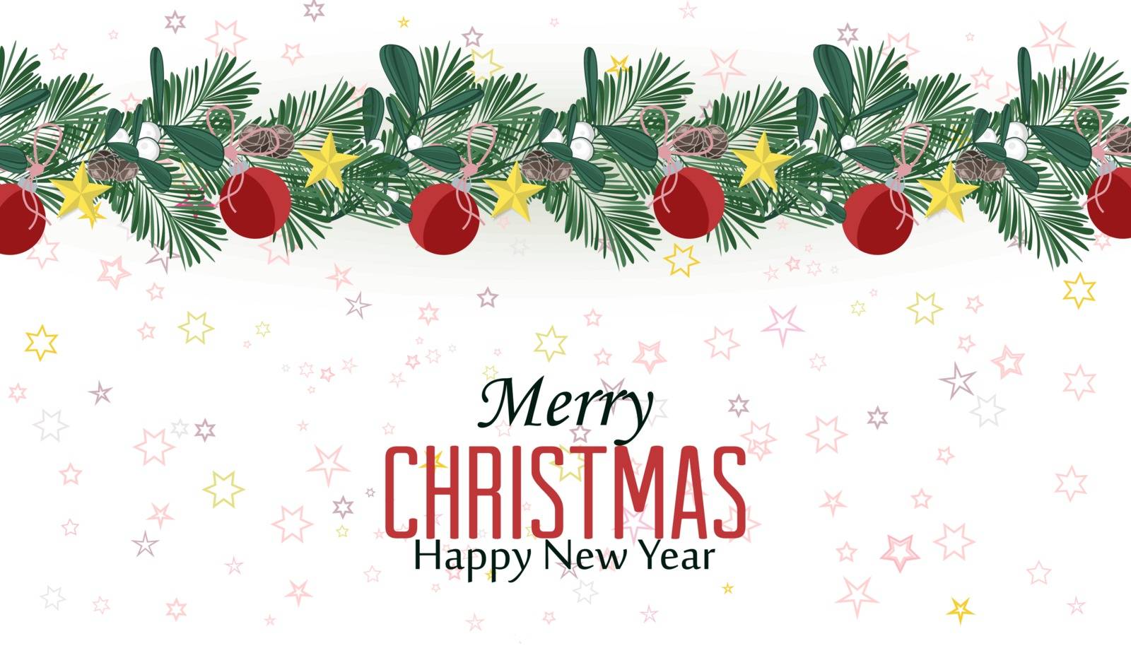 Vector illustration Christmas decorative branches with ornaments. Happy Christmas greeting card
