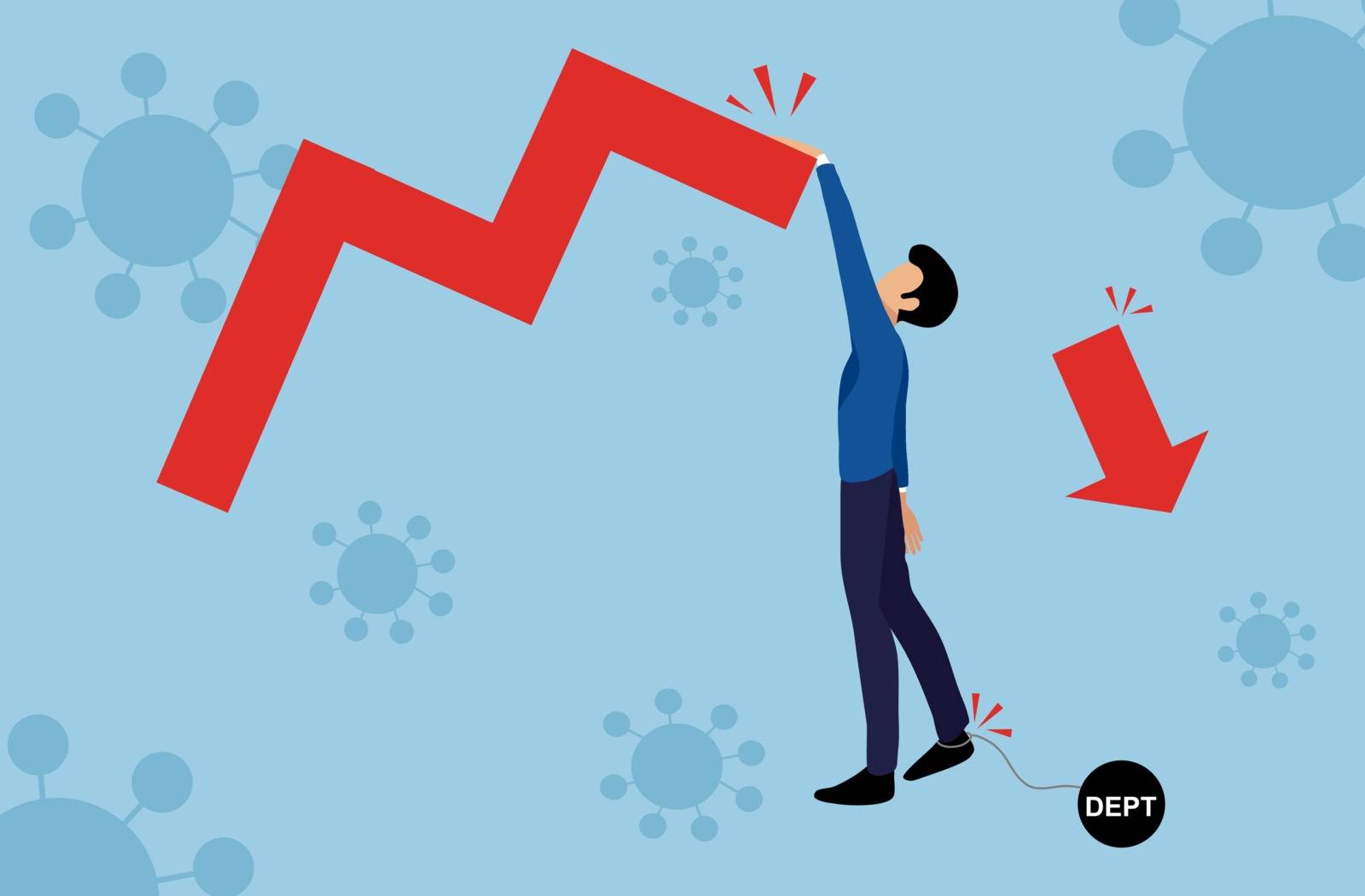 Businessman climbing  the falling graph with pendulum with message 'debt',  covid-19 or coronavirus outbreaks background, global  business crisis and recession  concept, vector illustration 