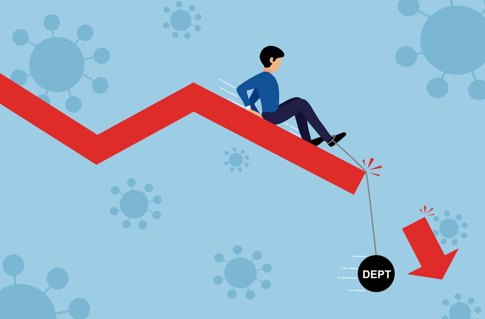 Businessman sliding down on the falling graph with pendulum with message 'debt' ,covid-19 or coronavirus outbreaks background, global  business crisis and recession  concept, vector illustration