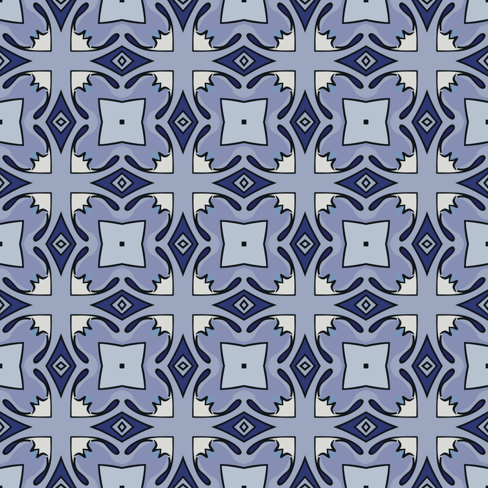 Seamless illustrated pattern made of abstract elements in beige, shades of blue and black