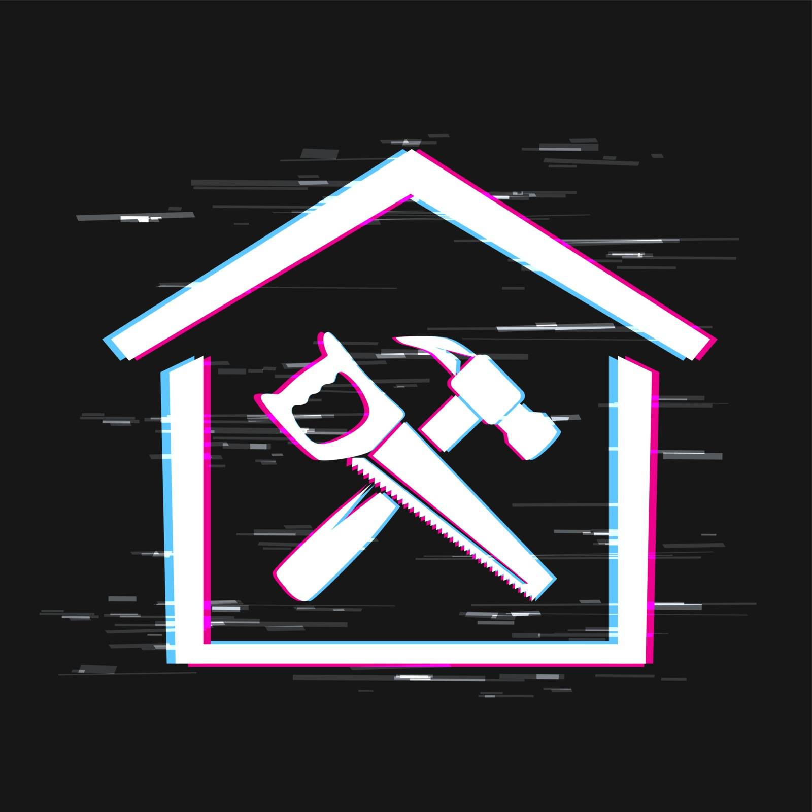 Home repair glitch effect icon saw and hammer on dark background. House service symbol on black backdrop