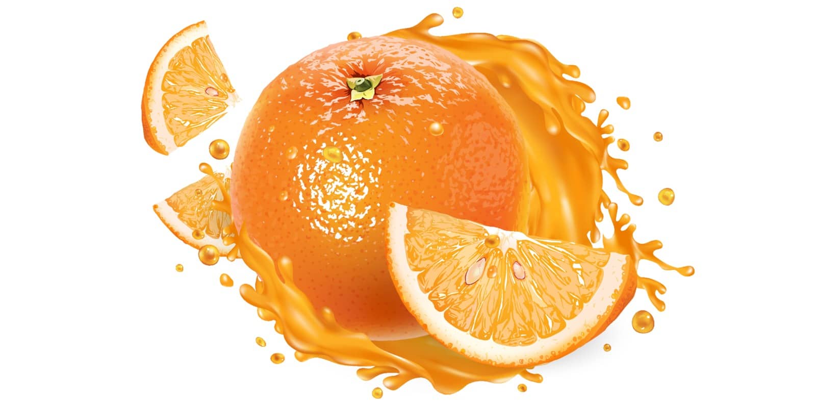 Fresh orange and a splash of fruit juice on a white background. Realistic vector illustration.