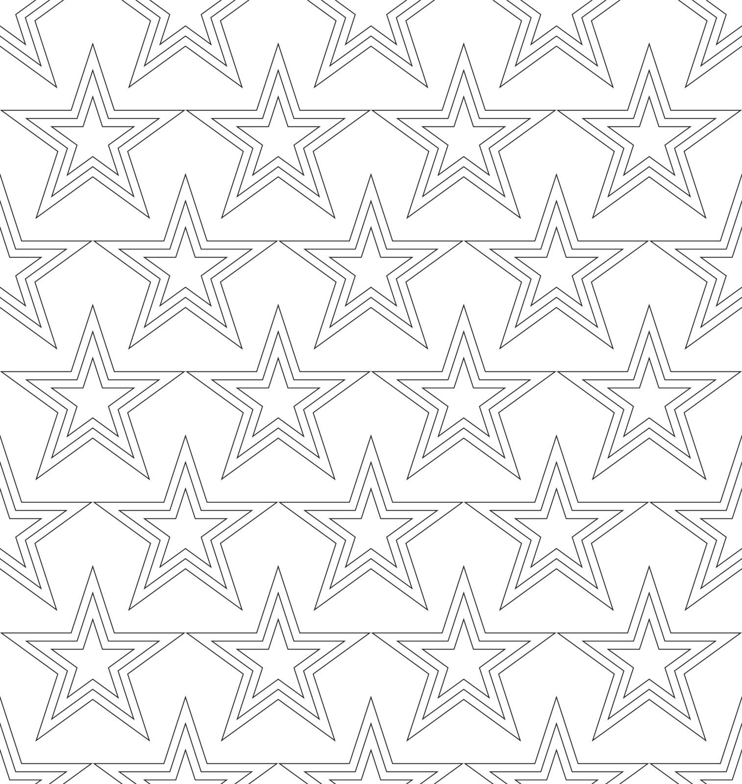 Vector uniform seamless pattern of stars drawn by uniform lines in black on a white background