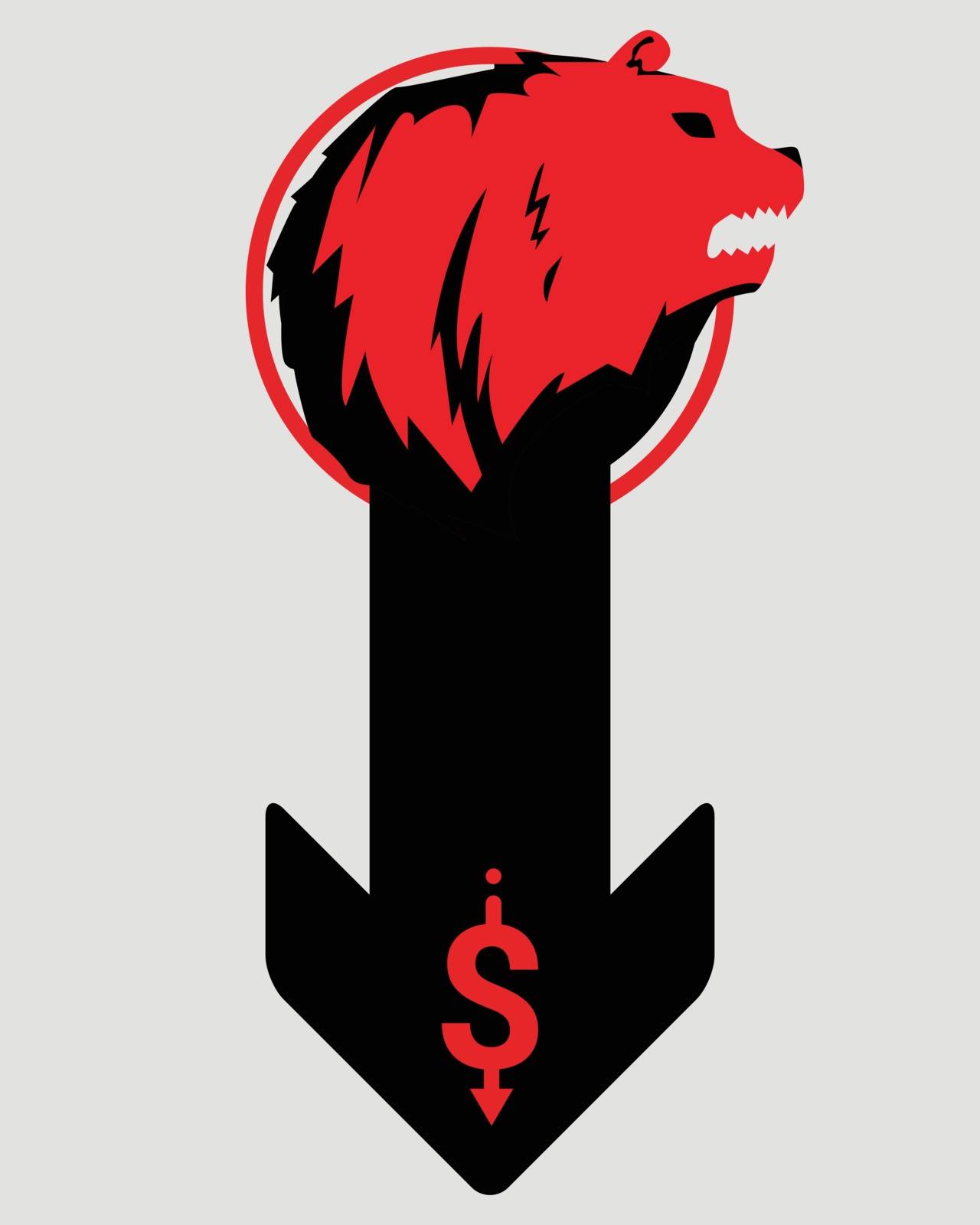 Bearish symbols on stock market vector. Fund, forex or commodity falling price, isolated on gray background. Red bear with down arrow and dallar sign, droping investment trading. Down trend concept by foxeel