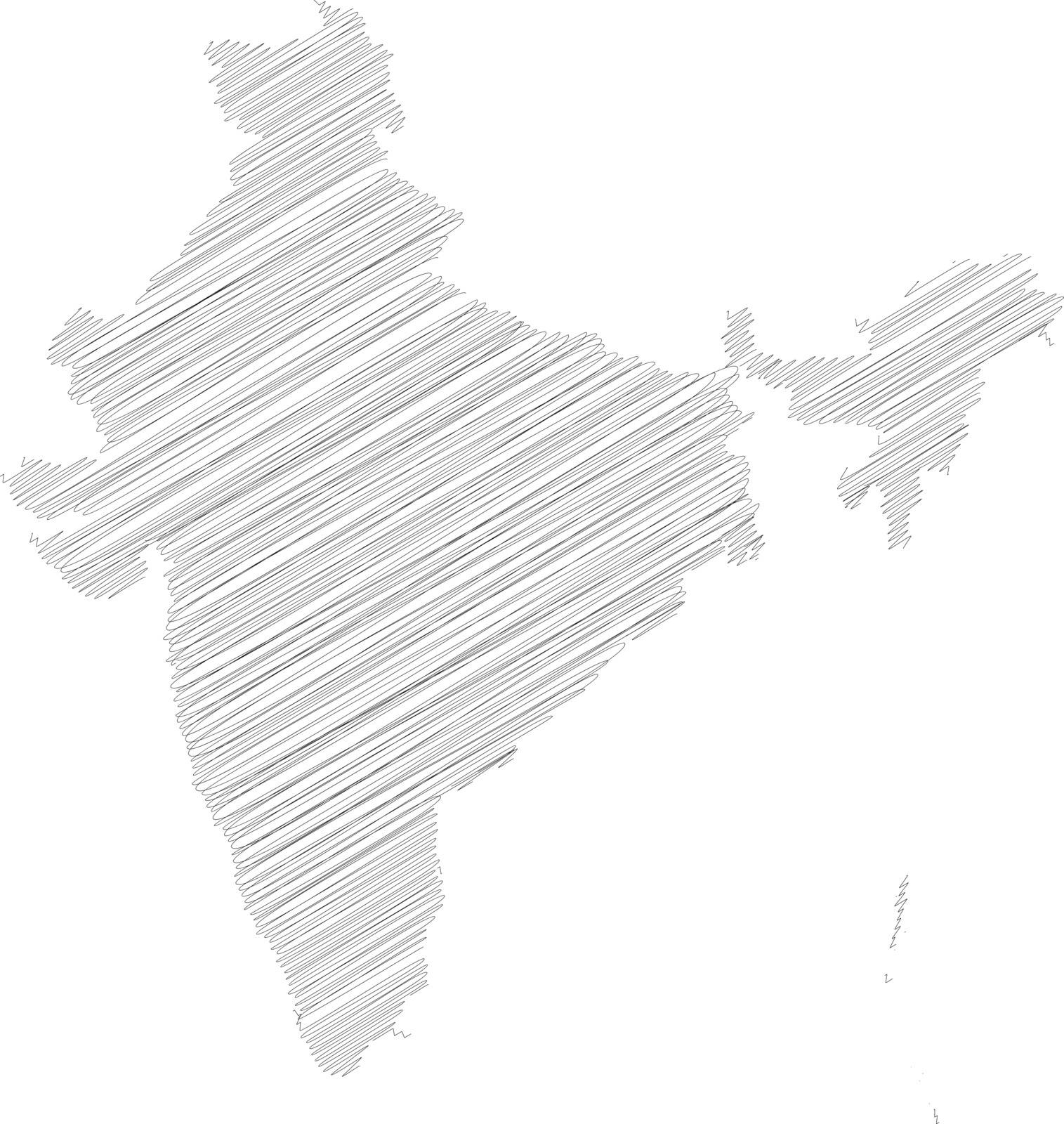 India - pencil scribble sketch silhouette map of country area with dropped shadow. Simple flat vector illustration by pyty