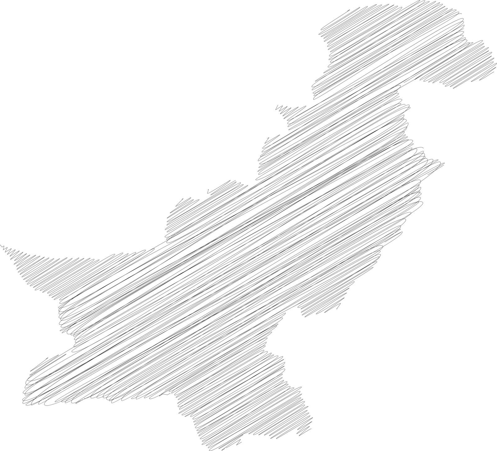 Pakistan - pencil scribble sketch silhouette map of country area with dropped shadow. Simple flat vector illustration.