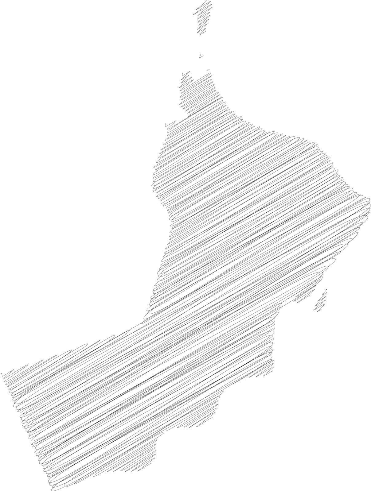Oman - pencil scribble sketch silhouette map of country area with dropped shadow. Simple flat vector illustration.
