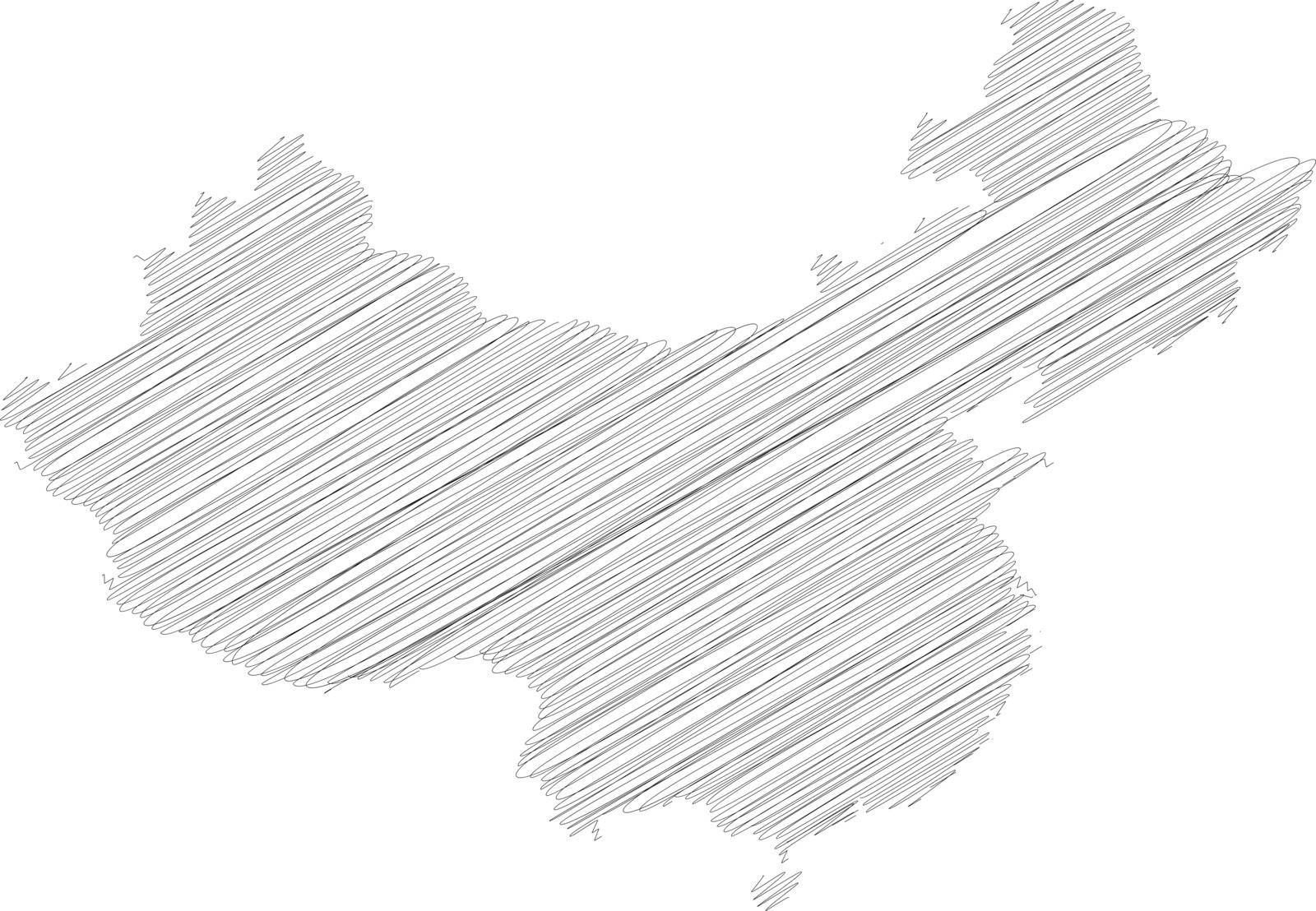 China - pencil scribble sketch silhouette map of country area with dropped shadow. Simple flat vector illustration.
