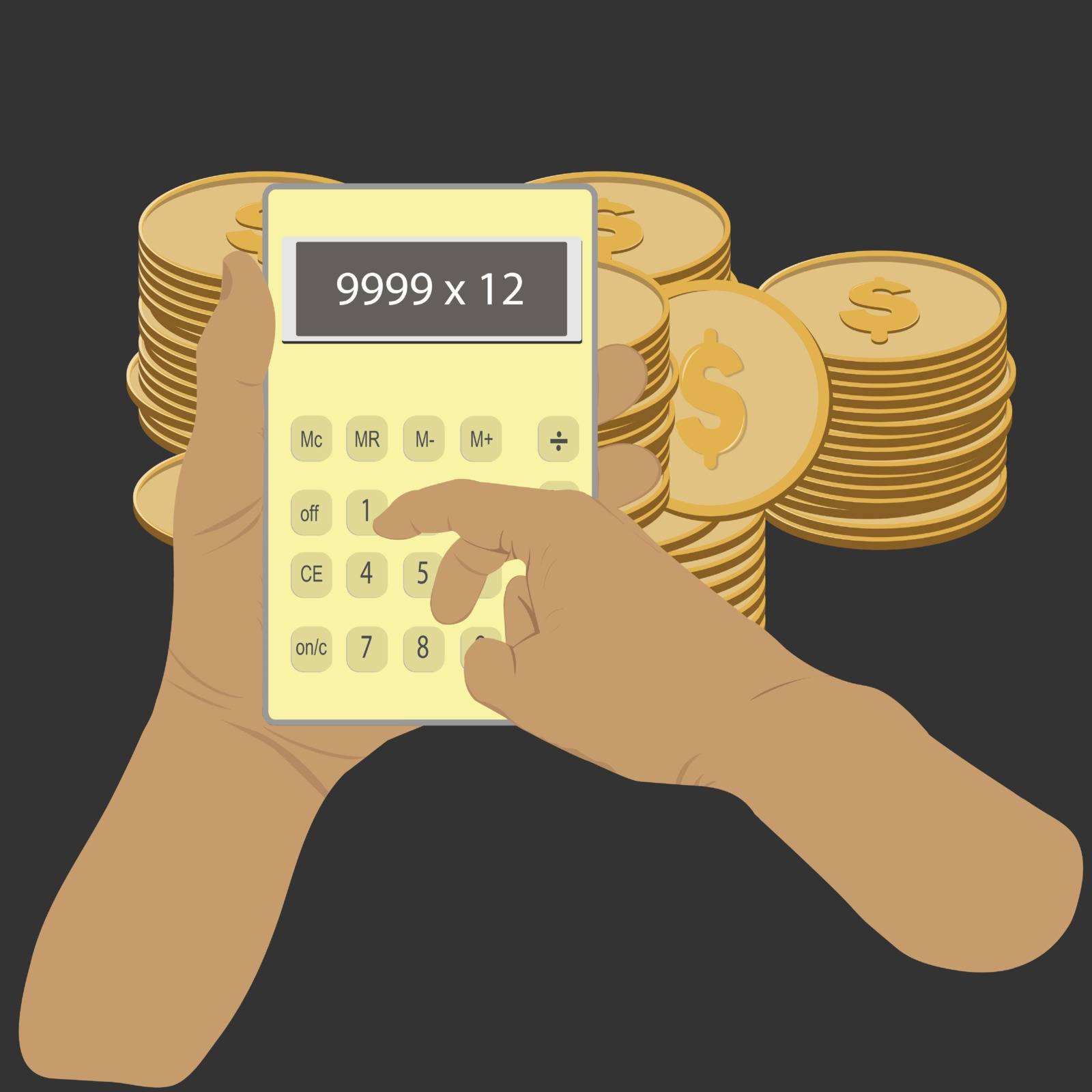 hand hold Calculator with coin background, concept to calculate the expense income Vector illustration by piyaphun