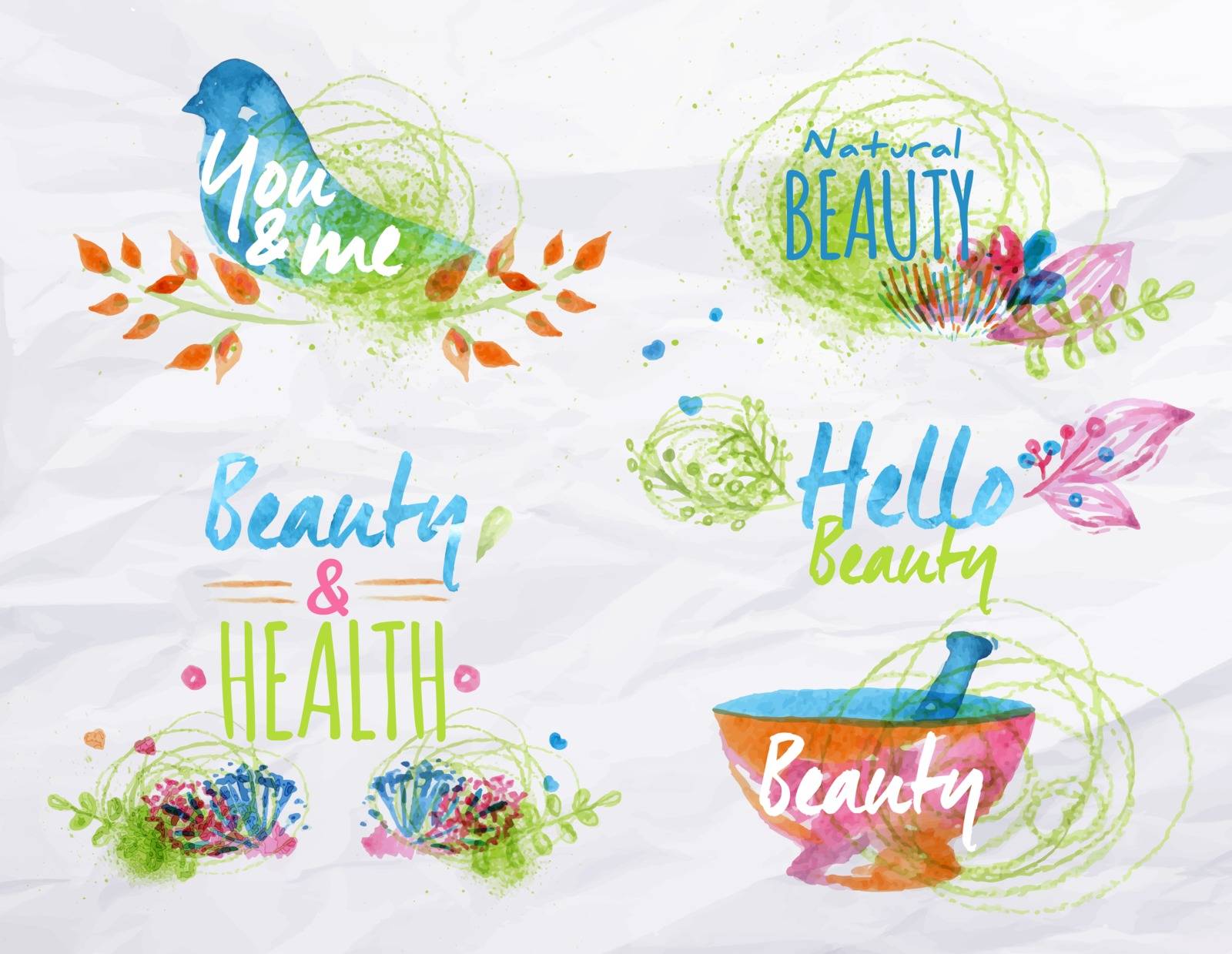 Watercolor symbols elements on beauty bright flowers twigs nature stylized as freehand drawing with watercolor