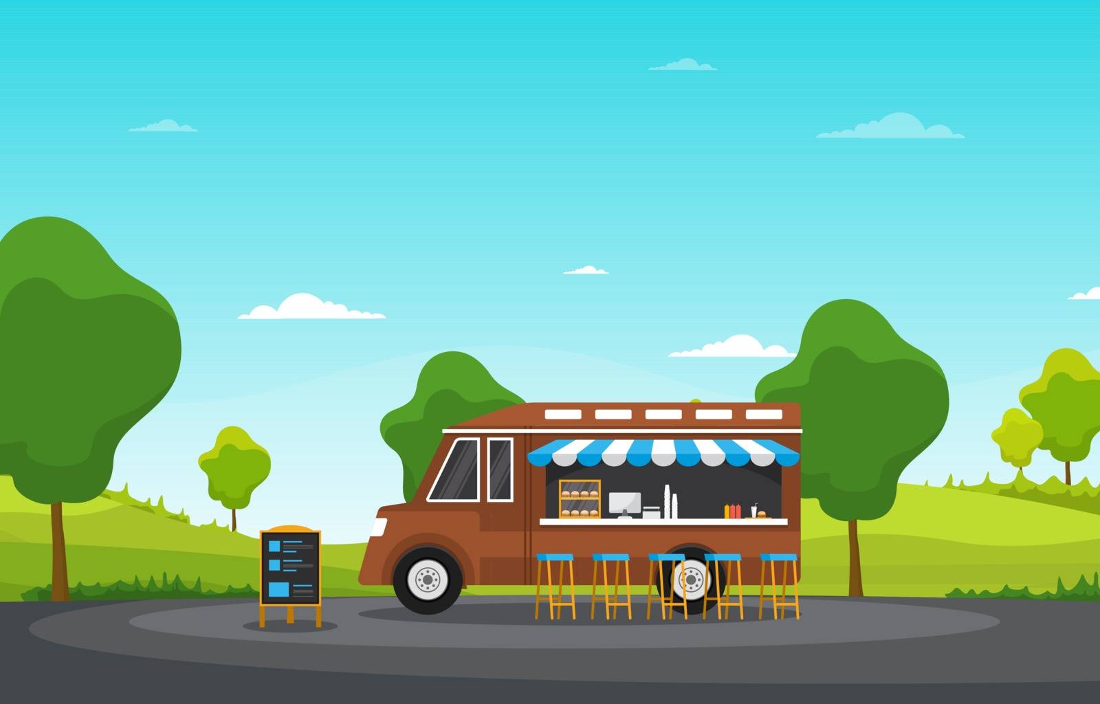 Food Truck Van Car Vehicle Street Shop Park Illustration
