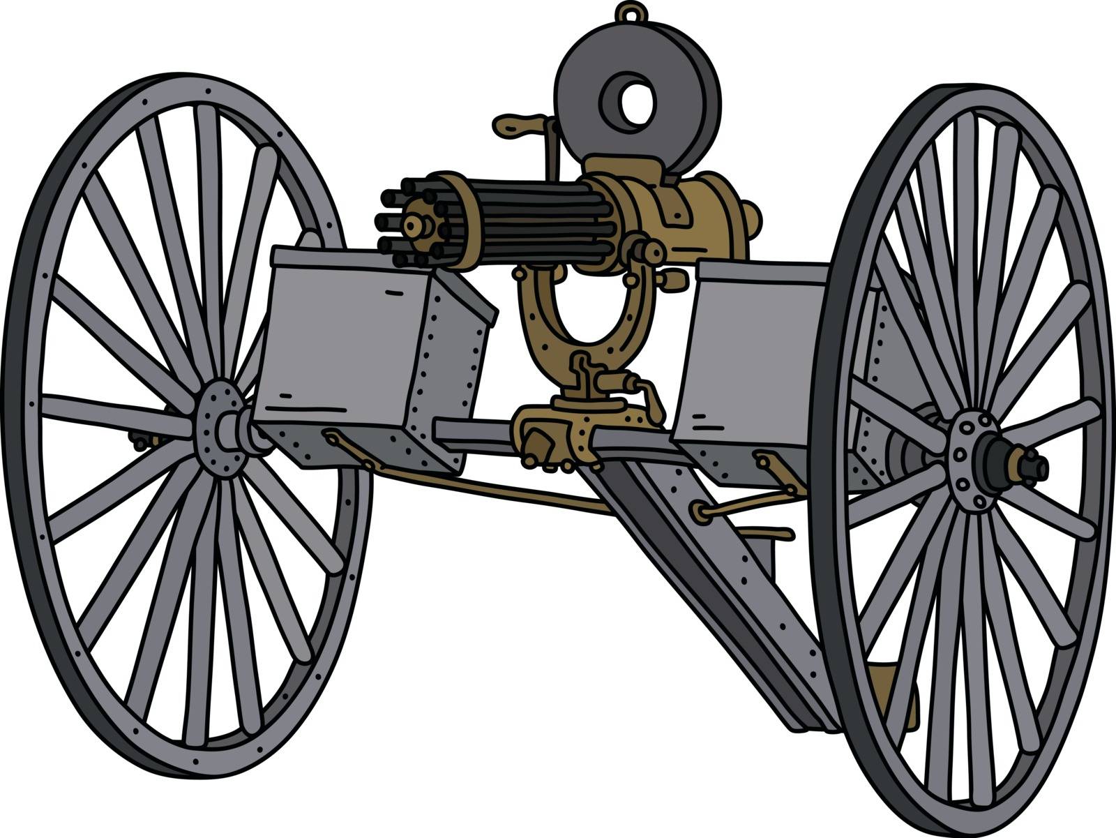 The vectorized hand drawing of an old Gatling multi barrel machine gun