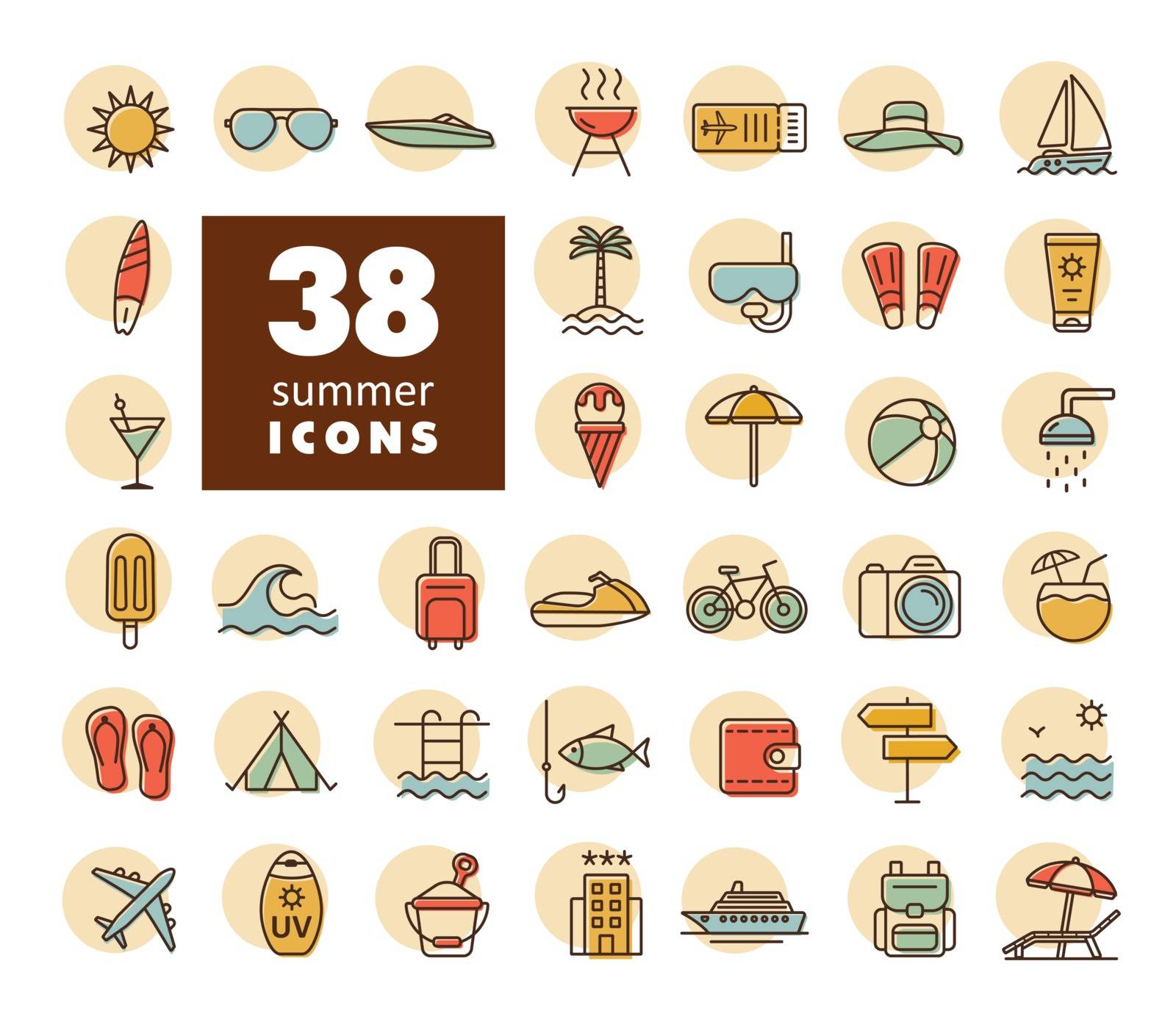 Summer vector icons set. Graph symbol for travel and tourism web site and apps design, logo, app, UI
