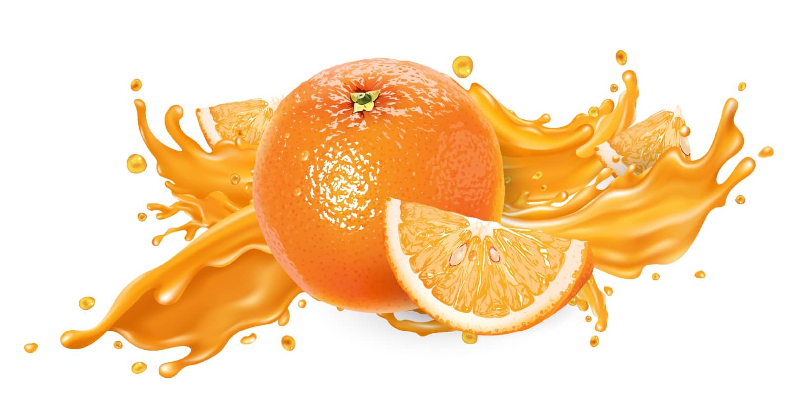 Orange whole and slices and a splash of fruit juice on a white background. Realistic vector illustration.