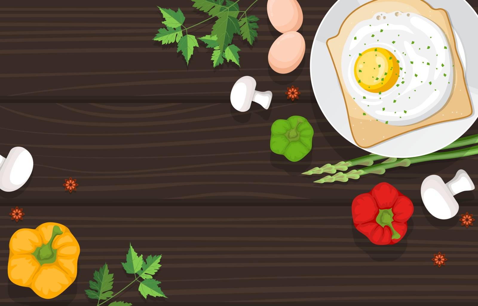 Eggs Bread Vegetables on Cooking Wooden Table Kitchen Backdrop Illustration by jongcreative