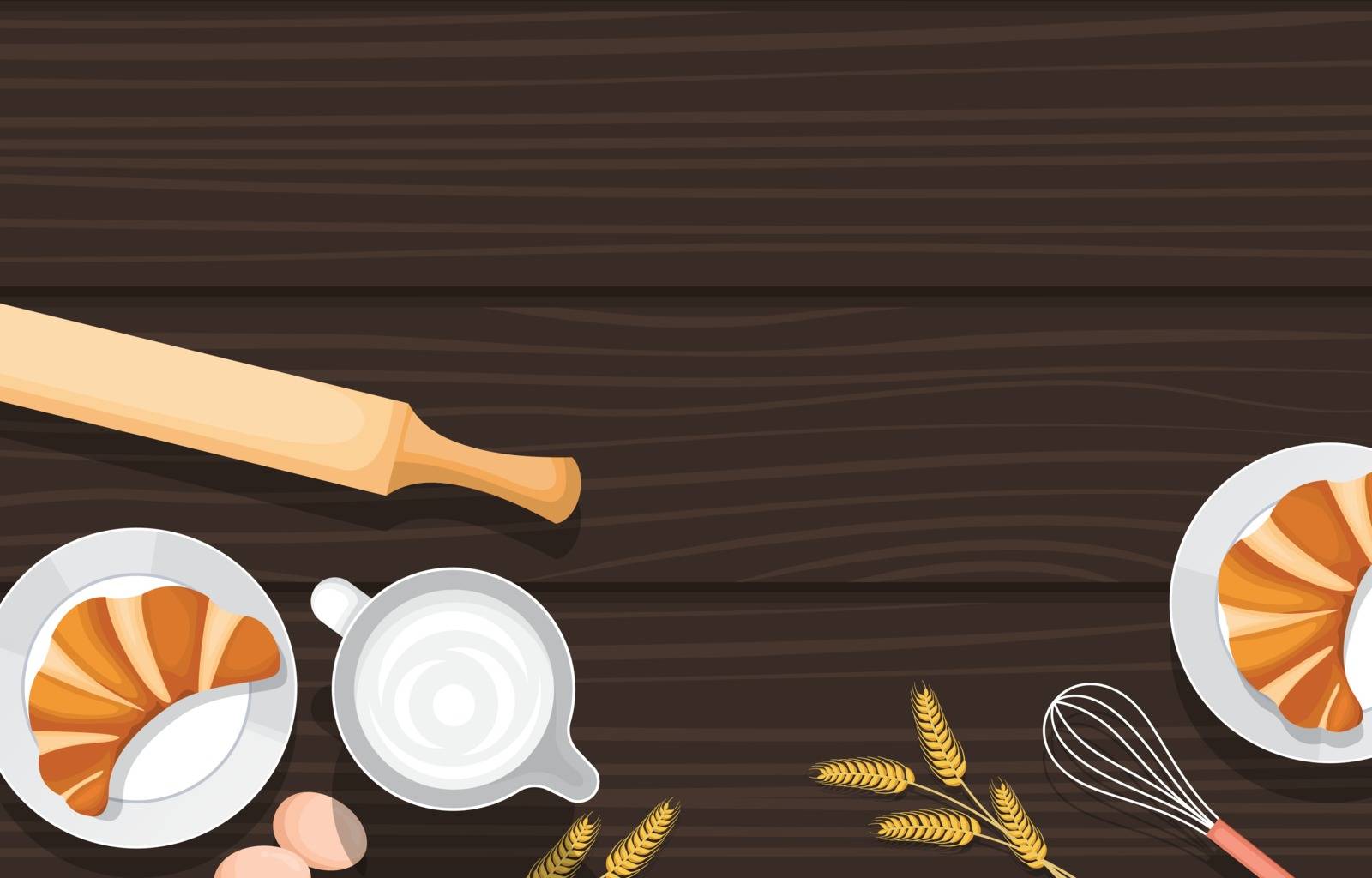 Bread Food Utensil on Cooking Wooden Table Kitchen Backdrop Illustration by jongcreative