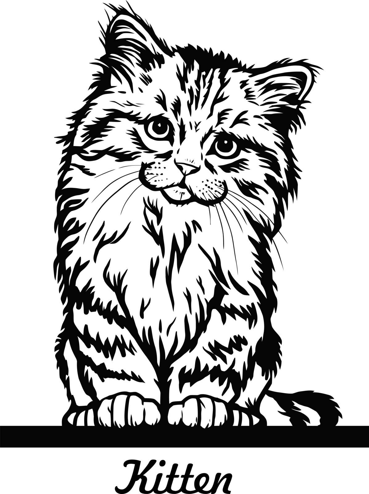Cute kitten sitting on the line - Cheerful kitty isolated on white - vector stock illustration