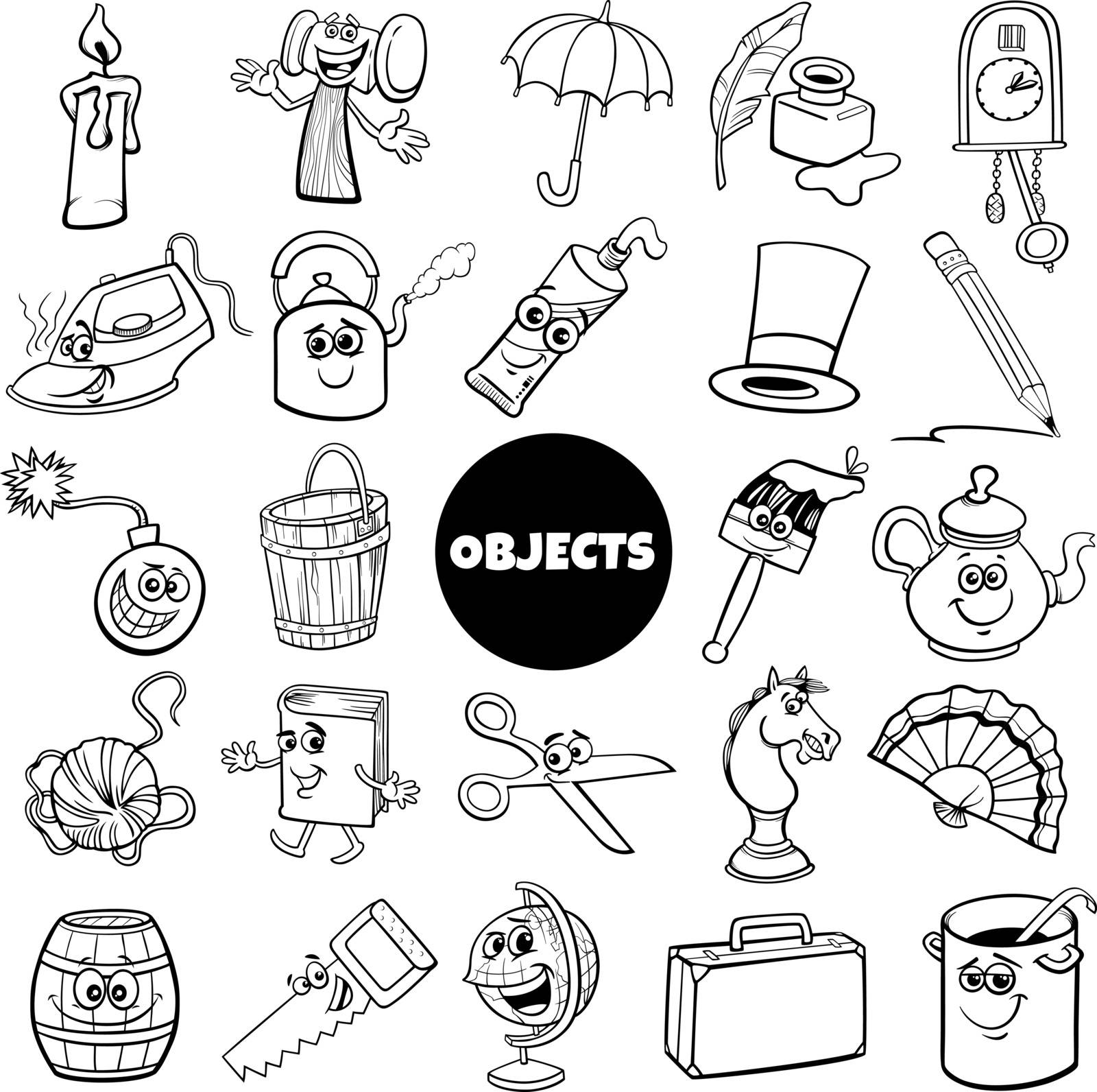 Black and White Cartoon Illustration of Everyday or Home Related Objects Big Set