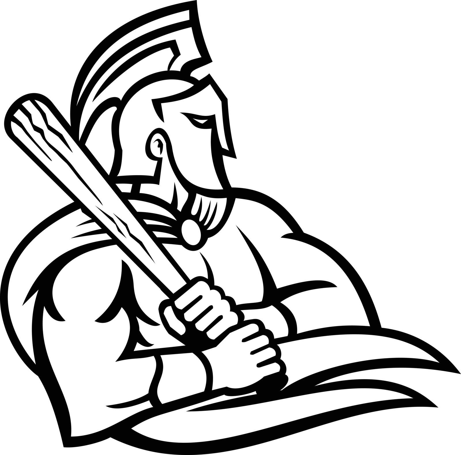 Spartan or Trojan Warrior With Baseball Bat Batting Mascot Black and White by patrimonio