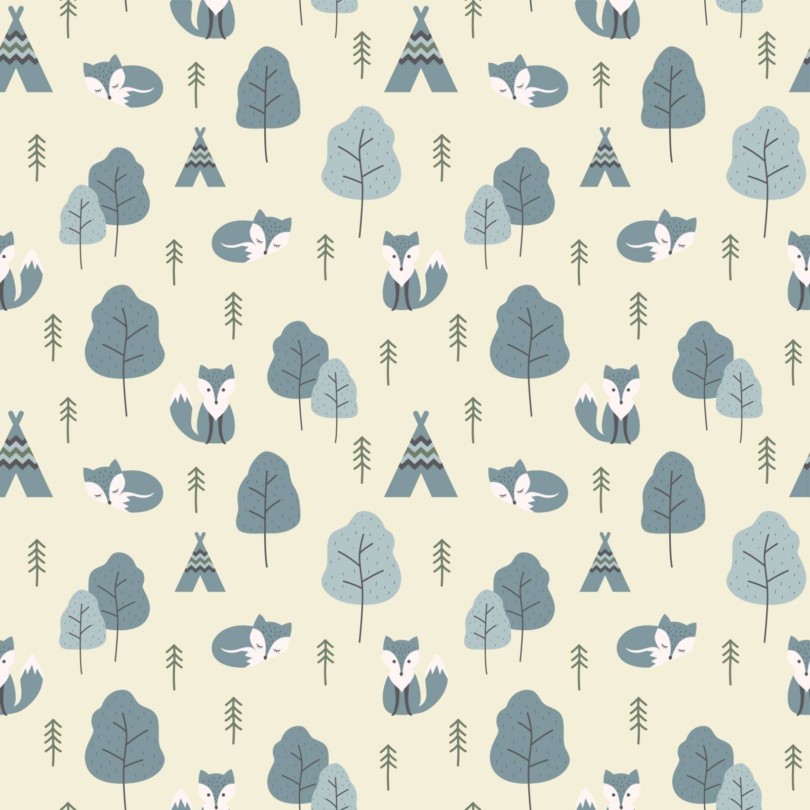 Arctic fox and trees colorful seamless pattern by cveivn