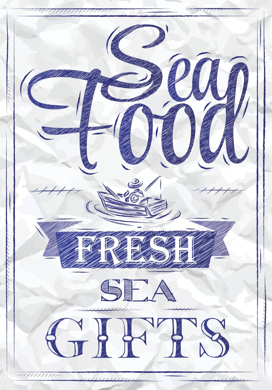 Poster Sea food fresh sea gifts in retro style stylized drawing of a blue pen on a crumpled paper.